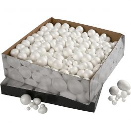 Boules et Oeufs en Polysytrène, dim. 1,5-6,1cm, blanc, 550 pièces/ 1 Pq. [HOB-54379]