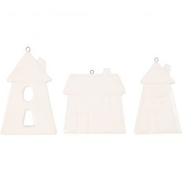 Décorations à suspendre, maisons, H: 7,6-9,7cm, blanc, 3 pièces/ 1 Pq. [HOB-555170]
