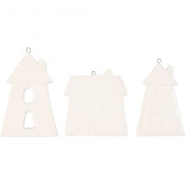 Décorations à suspendre, maisons, H: 7,6-9,7cm, blanc, 18 pièces/ 1 Pq. [HOB-55517]
