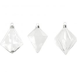 Glazen Ornamenten, H: 9,6+9,8+10,5 cm, d 7+7,9+8 cm, transparant, 3 stuk/ 1 doos [HOB-55901]