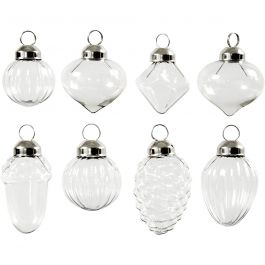 Décorations en verre, transparent, H: 3,5+5,1 cm, d 2,8-3 cm, 8 pièce/ 1 Pq. [HOB-55902]