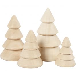 Sapins de Noël en bois, H : 3,3+4,3+5,3+6,3 cm, d 2,3+3+3,2+4 cm, 4 pièces/ 1 Pq. [HOB-56239]