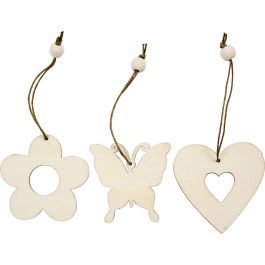 Décorations en bois, fleur, papillon, coeur, dim. 6cm, 9 pièce/ 1 Pq. [HOB-56731]