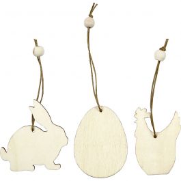 Décorations en bois, lapin, fleur, poulet, dim. 6cm, ép. 3 mm, 9 pièces/ 1 Pq. [HOB-56732]