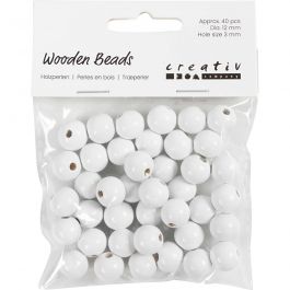 Houten Kralen, d 12 mm, gatgrootte 3 mm, ca. 40 stuk, wit, 22 gr/ 1 doos [HOB-570412]