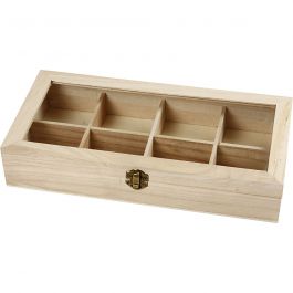 Houten doos met glazen deksel, afm 32x16x6 cm, gatgrootte 7x7 cm, 1 stuk [HOB-57728]