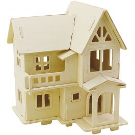 Kit de Construction 3D en bois, Maison avec balcon, dim. 15,8x17,5x19,5, 1 pièce [HOB-57877]