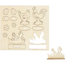 Figurines à assembler, Poules et fleurs, L: 15,5 cm, L: 17 cm, 1 Pq. [HOB-57889]