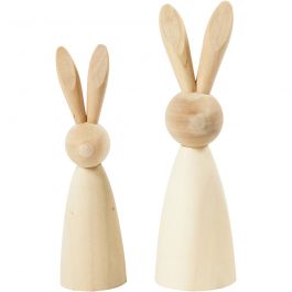 Houten konijnen, H: 12+14 cm, D: 3,5+4 cm, 2 stuk/ 1 doos [HOB-57895]