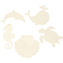 Créatures marines à suspendre, Hippocampe, tortue, dauphin, coquille st Jacques et baleine, H: 5-10cm, L: 5-10cm, diamètre intérieur 3 mm, ép. 2 mm, 5 pièces/ 1 Pq. [HOB-57972]