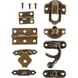 Mini beslag, afm 16x19-19x29,5 mm, antiek goud, 15 set/ 1 doos [HOB-58000]