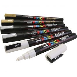 Posca Marker, goud, zilver, wit, afm PC-3M, lijndikte 0,9-1,3 mm, 6 div/ 1 doos [HOB-384097]
