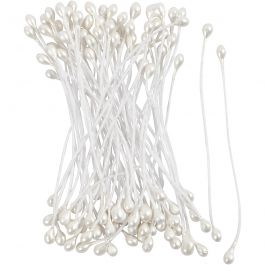 Bloemmeeldraden, L: 6,4 cm, d 2 mm, wit parelmoer, 100 stuk/ 1 doos [HOB-610352]