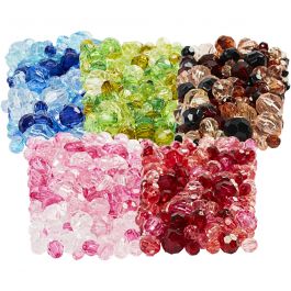 Facet kralen, d 4-12 mm, gatgrootte 1-2,5 mm, diverse kleuren, 7x250 gr/ 1 doos [HOB-61888]