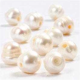Perles d’eau douce, dim. 9-11 mm, diamètre intérieur 2 mm, nacré, 10pièce/ 1 Pq. [HOB-631242]
