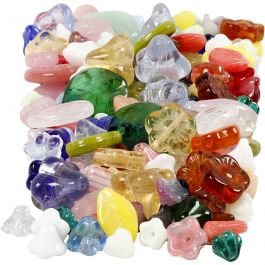 Glazen kralen, bladeren, bloemen, d 6-17 mm, gatgrootte 0,5-1,5 mm, diverse kleuren, 350 gr/ 1 doos [HOB-68426]