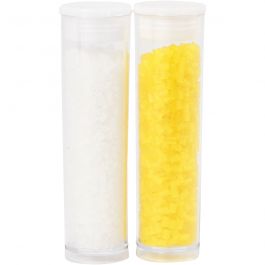 Rocailles 2-cut, d 1,7 mm, dim. 15/0, diamètre intérieur 0,5 mm, blanc, jaune transparent, 2x7 gr/ 1 Pq. [HOB-68788]