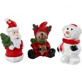 Miniatuur figuren, kerstman, rendier en sneeuwpop, H: 35 mm, L: 10 mm, 3 stuk/ 1 doos [HOB-69840]