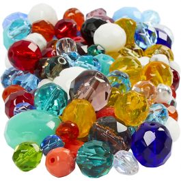 Facet glaskralen, afm 3-15 mm, gatgrootte 0,5-1,5 mm, diverse kleuren, 400 gr/ 1 doos [HOB-69870]