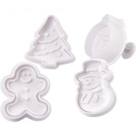 Emporte-Pièces avec Tampon, Sapin de Noël, bonhomme de neige, bonhomme en pain d'épice, boule de Noël, H: 5cm, blanc, 4 pièces/ 1 Pq. [HOB-782870]