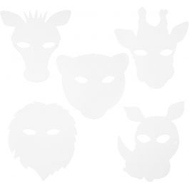 Masques d'animaux de la jungle, H: 22,5-25cm, L: 20,5-22,5cm, 230 gr, blanc, 16 pièces/ 1 Pq. [HOB-95213]