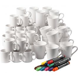 Materialenset Porseleinen mokken beschilderen, H: 7-10 cm, wit, 1 set [HOB-99512]