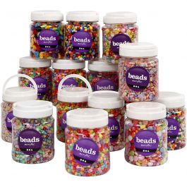 Plastic kralen, afm 6-15 mm, gatgrootte 1,5-6 mm, diverse kleuren, 16x700 ml/ 1 doos [HOB-99855]