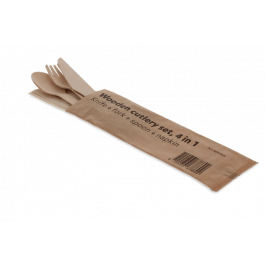 Houten bestekset 4/1 mes + vork + lepel + servet FSC (250 stuks) [TK-9987658]