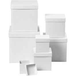 Vierkante dozen, vierkant, afm 7,5+10+13+15+18+20+23 cm, h: 7,5+10+13+15+18+20+23 cm, wit, 7stuks [HOB50437]