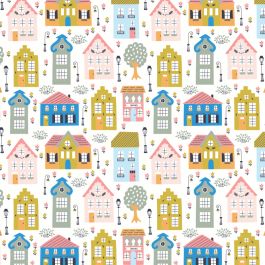 Rouleau Papier Cadeau Kraft Blanc Dessin Maisons (1 pièce) [FP-IO4685]