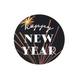 Stickers Rond Happy New Year bedrukking (Rond Zwart/Wit Tekst) 3,8 cm (1 Vel) [LS1HHNY]