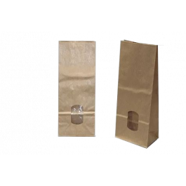 Sac à fond carré en papier kraft blanchi 70g/m2 et fenêtre transparente 30 microns (contenance 200-250 grammes) 8x5x24cm (100 pièces) [PAB814]