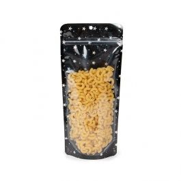 Doypack Transparent/Noir Avec étoiles Holographiques 10,8x6x23,8 cm Trou Suspension Rond (25 pièces) [ZBGHB1NC]