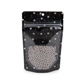 Doypack Transparent/ Noir Avec étoiles Holographiques10,2x6x15,2 cm Trou Suspension Rond (25 pièces) [ZBGHB2C]